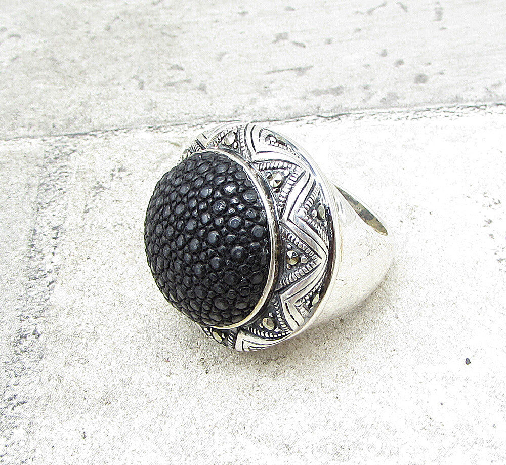 925 Sterling Silver Marcasite Crocodile Skin Leather Dome Star Ring Sz 8  RG1558
