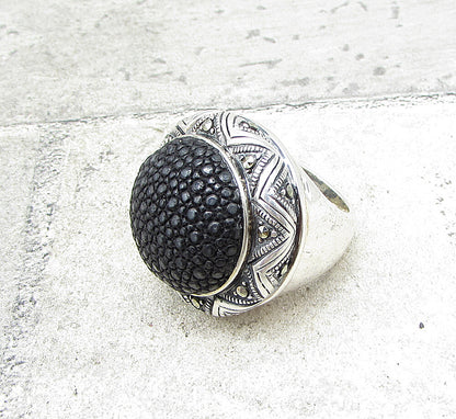 925 Sterling Silver Marcasite Crocodile Skin Leather Dome Star Ring Sz 8  RG1558