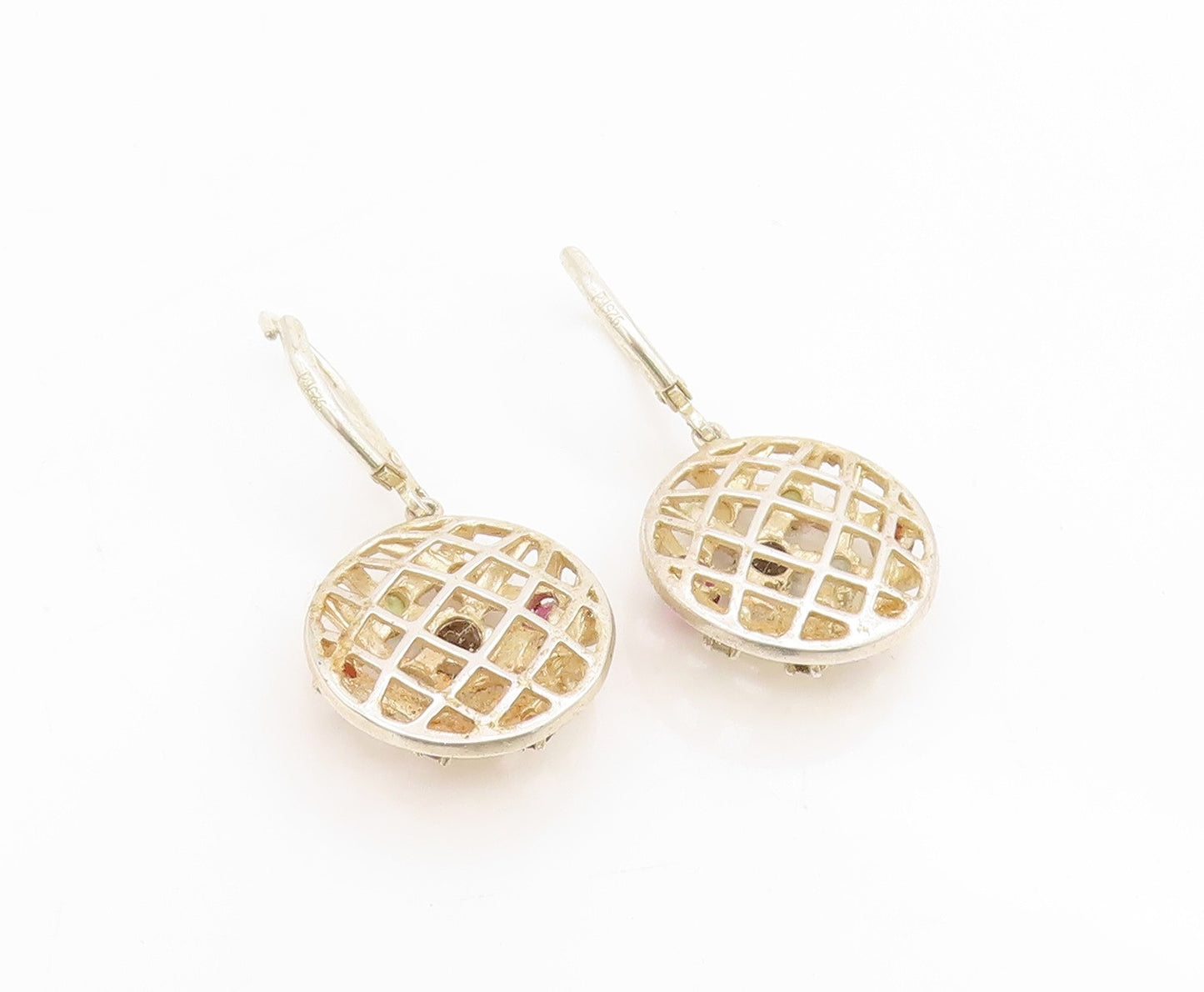 925 Sterling Silver Vintage Earrings Multi Gemstone Waffle Pattern Drop  EG13918