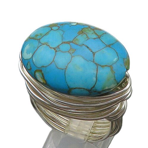 925 Sterling Silver  Vintage Turquoise Shiny Wire Cocktail Ring Sz 10  RG22600