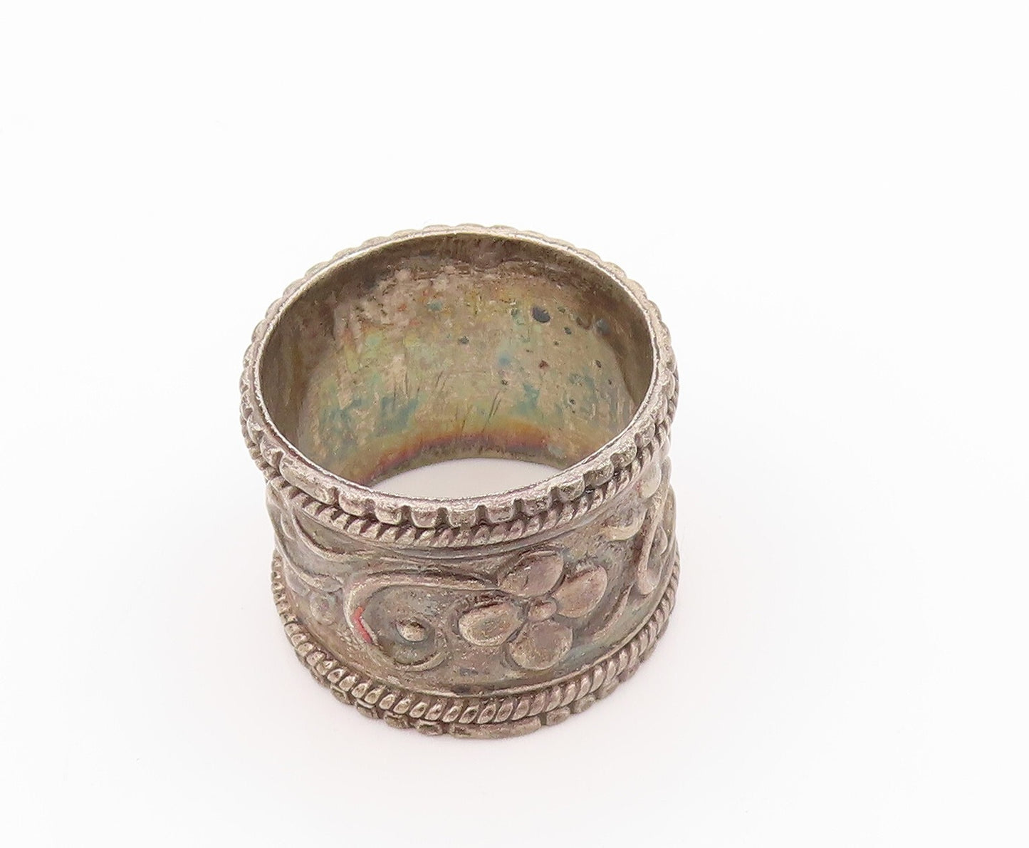 925 Sterling Silver Vintage Ring Dark Tone Broad Floral Carved  Sz 10  RG31797