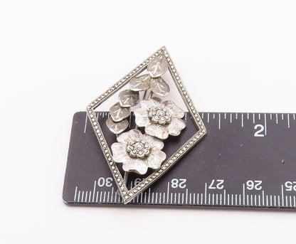 925 Sterling Silver  Vintage Sparkling Flowers Diamond Shape Brooch Pin BP8121