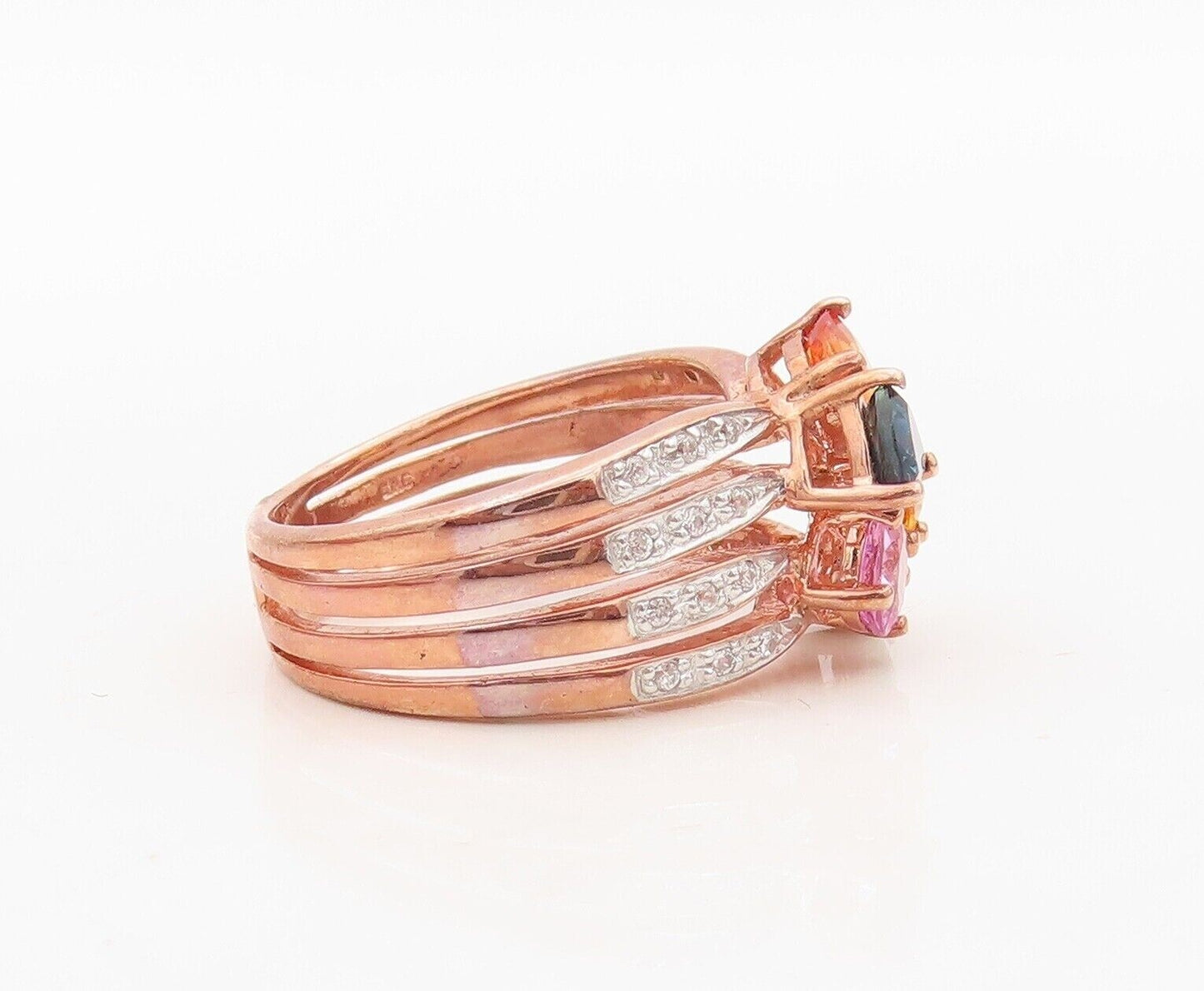 925 Sterling Silver Vintage Ring Rose Gold Plated Diamonds Gemstone Sz 7 RG30343