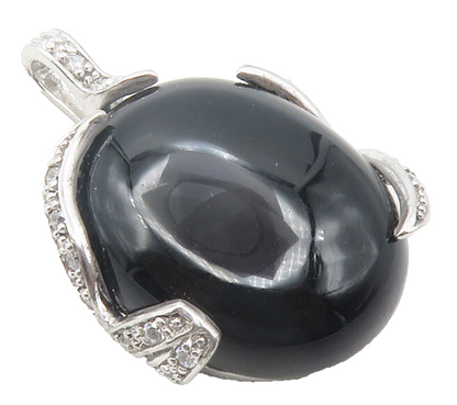 925 Sterling Silver  Cabochon Cut Black Onyx & Topaz Oval Pendant  PT9662