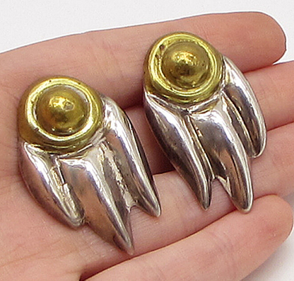 MEXICO 925 Sterling Silver Vintage 2 Tone Paw Print Clip On Earrings EG1913