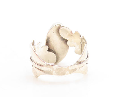 925 Sterling Silver Vintage Ring Cutout Leaf Band Oval Turquoise  Sz 8.5 RG31633