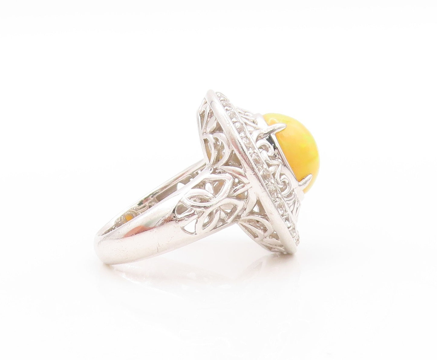 925 Sterling Silver Vintage Ring Oval Fire Opal Halo Topaz Bands  Sz 5  RG32724