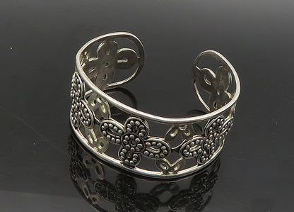 925 Sterling Silver  Vintage Shiny Retro Flower Motif Cuff Bracelet  BT8029