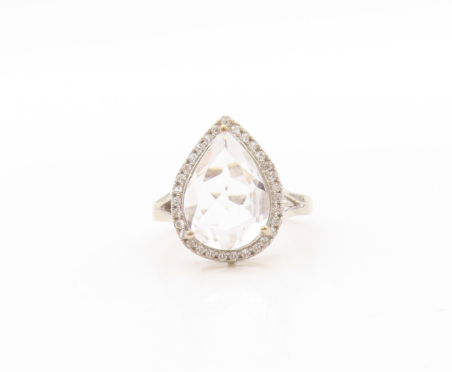 925 Sterling Silver Vintage Ring Drop Cut Topaz Halo CZ Sz 7  RG30882