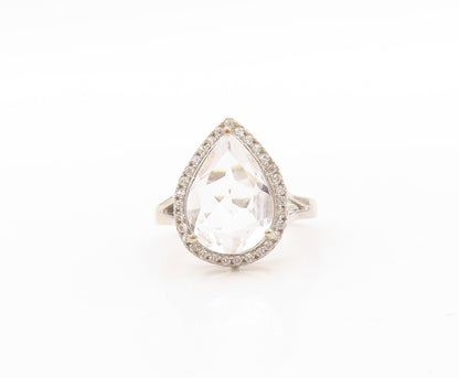 925 Sterling Silver Vintage Ring Drop Cut Topaz Halo CZ Sz 7  RG30882