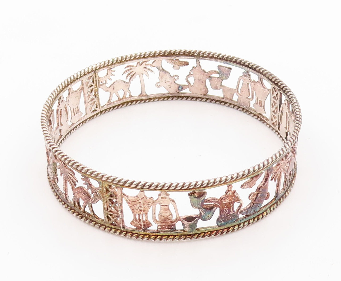 925 Sterling Silver Vintage Bracelet Solid Trible Wildlife Cutout Bangle BT10832