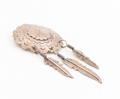 925 Sterling Silver Vintage Brooch Etched Concho Dangling Feather Pin  BP12116