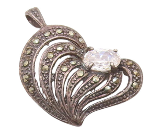 925 Silver  Vintage Cubic Zirconia & Marcasite Love Heart Pendant  PT19815