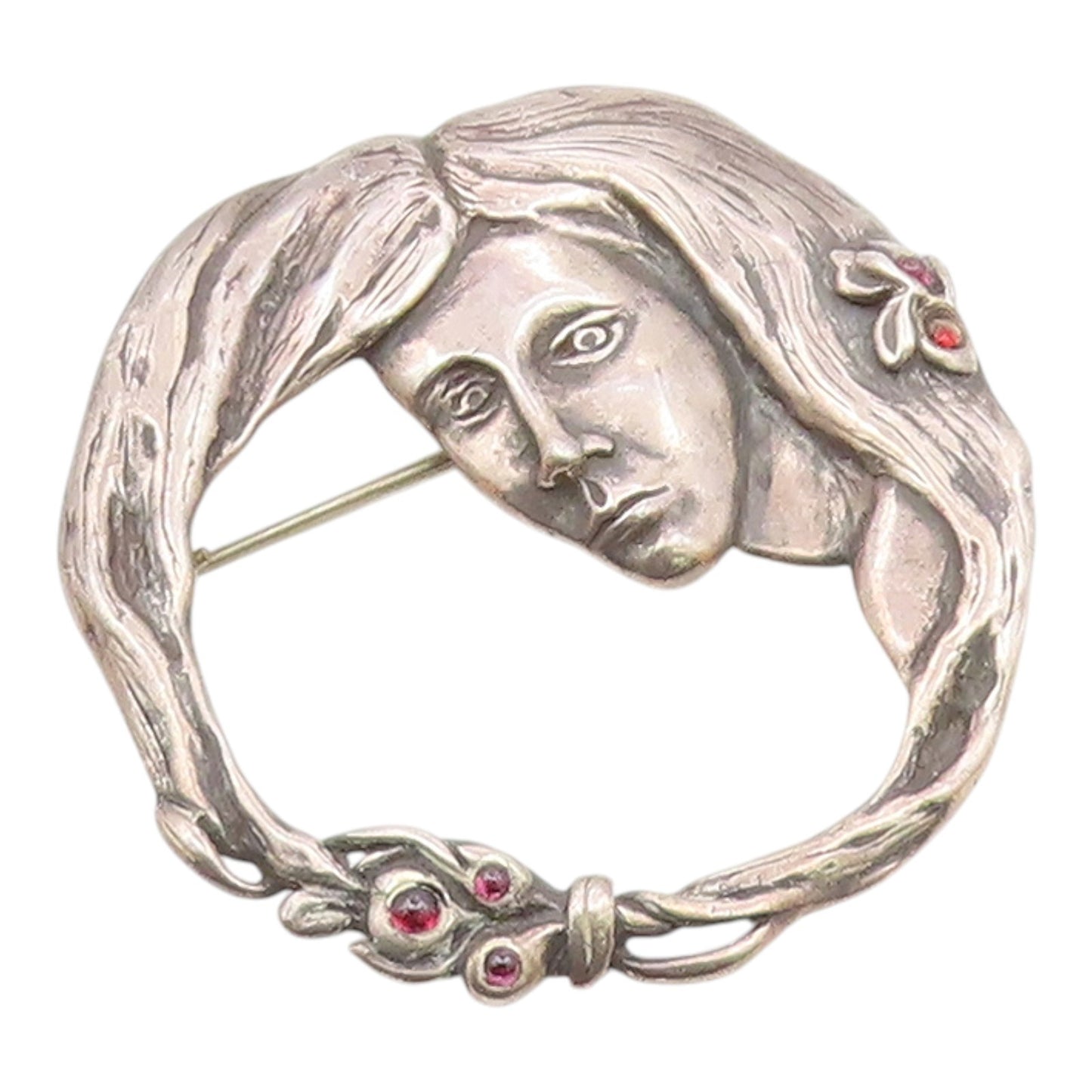 925 Sterling Silver  Vintage Modernist Garnet Woman Face Brooch Pin  BP9097