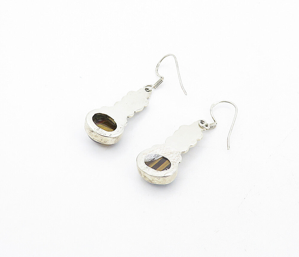 925 Sterling Silver  Vintage Cabochon Cut Tiger's Eye Dangle Earrings  EG3443