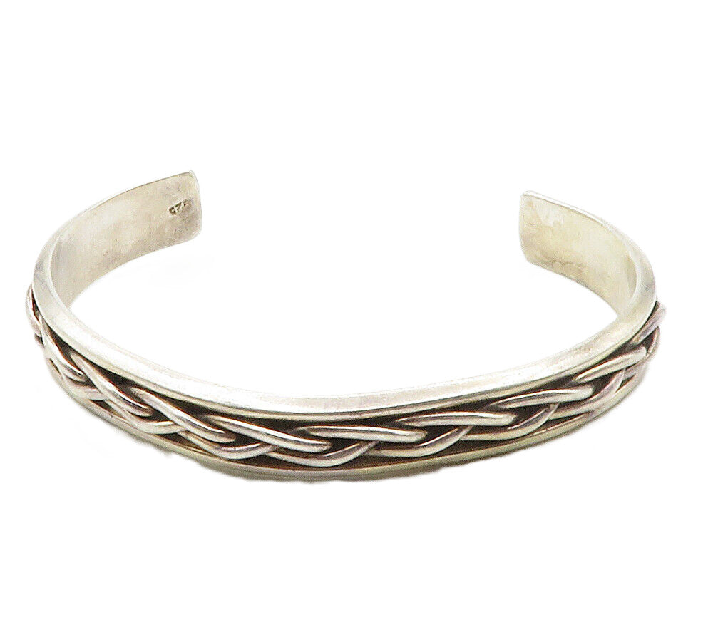 925 Sterling Silver  Vintage Shiny Braided Detail Smooth Cuff Bracelet  BT5791
