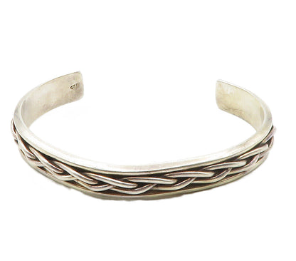 925 Sterling Silver  Vintage Shiny Braided Detail Smooth Cuff Bracelet  BT5791