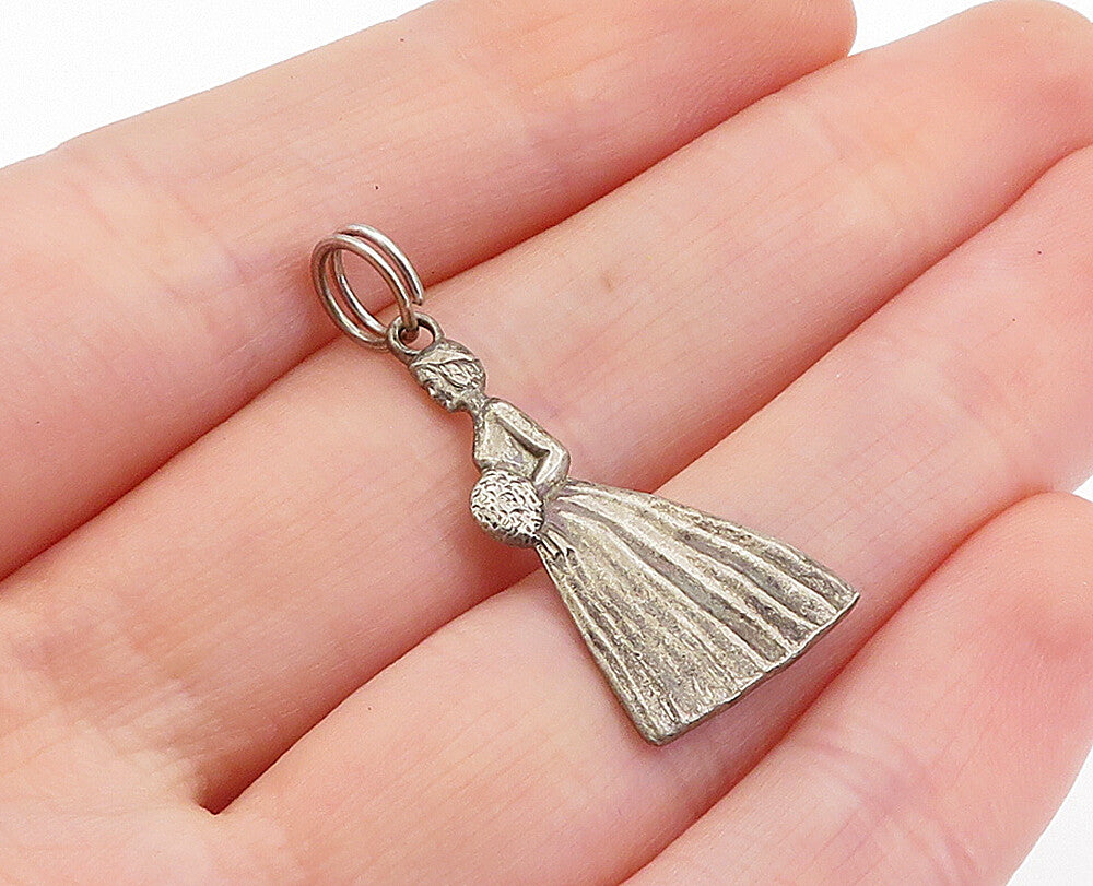 925 Sterling Silver  Vintage Petite Dark Tone Woman In Dress Pendant  PT3768
