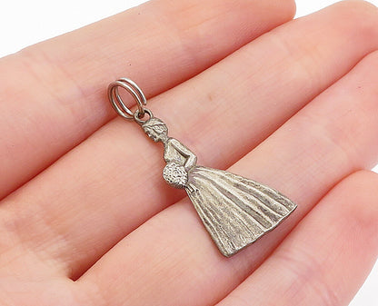 925 Sterling Silver  Vintage Petite Dark Tone Woman In Dress Pendant  PT3768