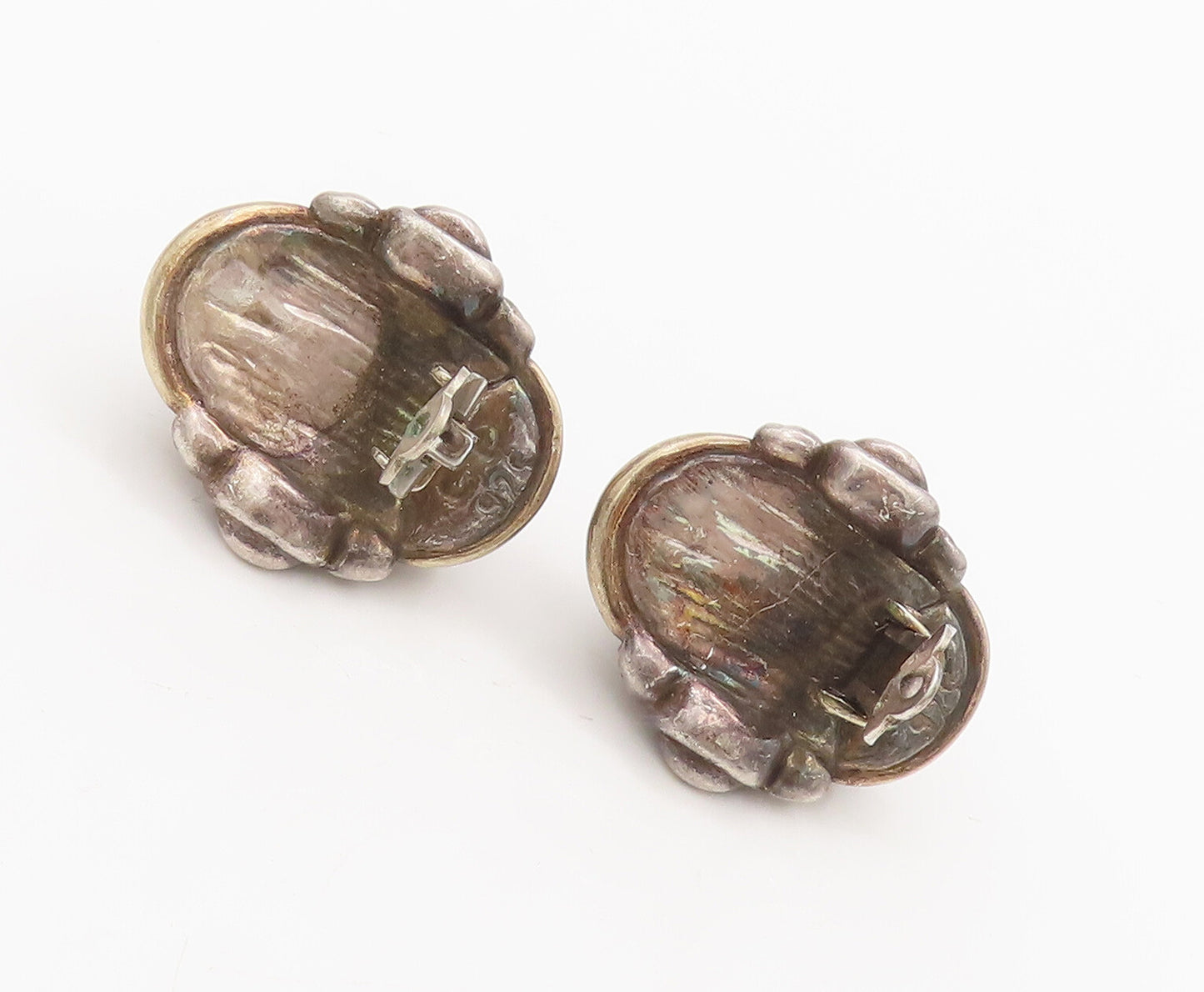 925 Sterling Silver Vintage Earrings Large Solid Puffed Beaded Carved  EG13045