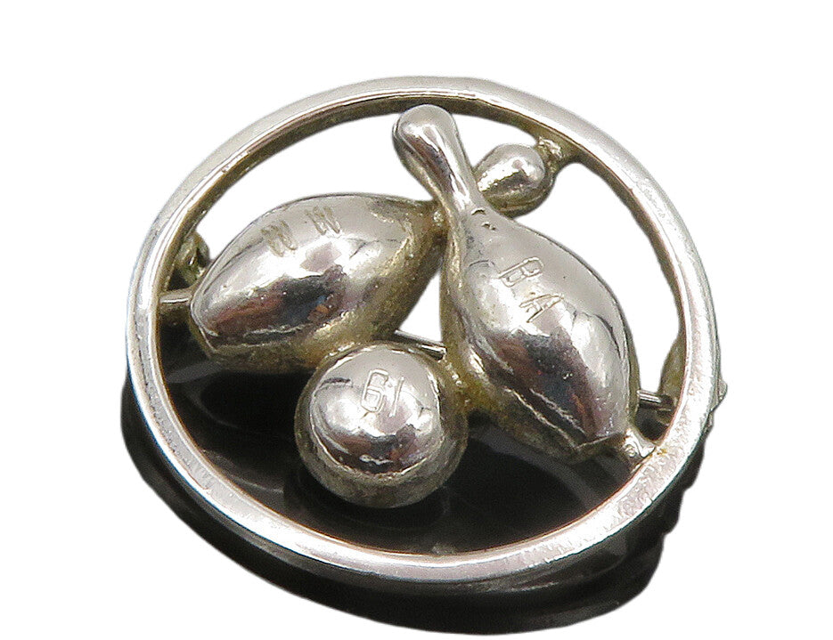 925 Sterling Silver  Vintage Shiny Bowling Ball & Pins Brooch Pin  BP5300