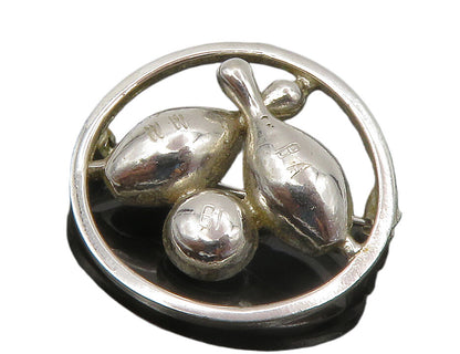925 Sterling Silver  Vintage Shiny Bowling Ball & Pins Brooch Pin  BP5300