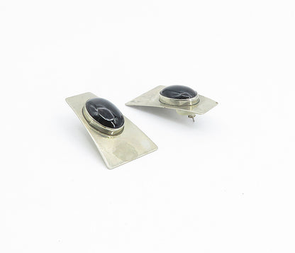 925 Sterling Silver  Vintage Cabochon Black Onyx Modernist Earrings  EG2913
