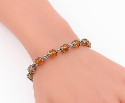 925 Sterling Silver  Vintage Faceted Citrine Beaded Chain Bracelet  BT8486