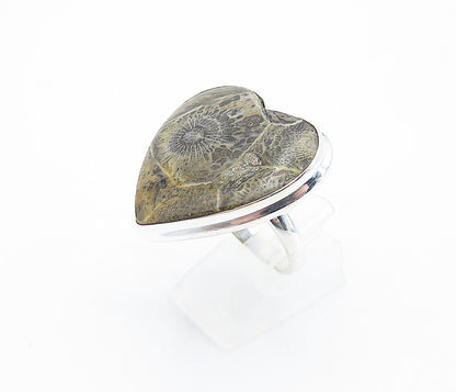 925 Sterling Silver  Love Heart Shaped Jasper Shiny Cocktail Ring Sz 9  RG7745