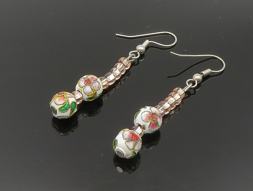 925 Sterling Silver  Vintage Floral Sphere & Beads Dangle Earrings  EG11583