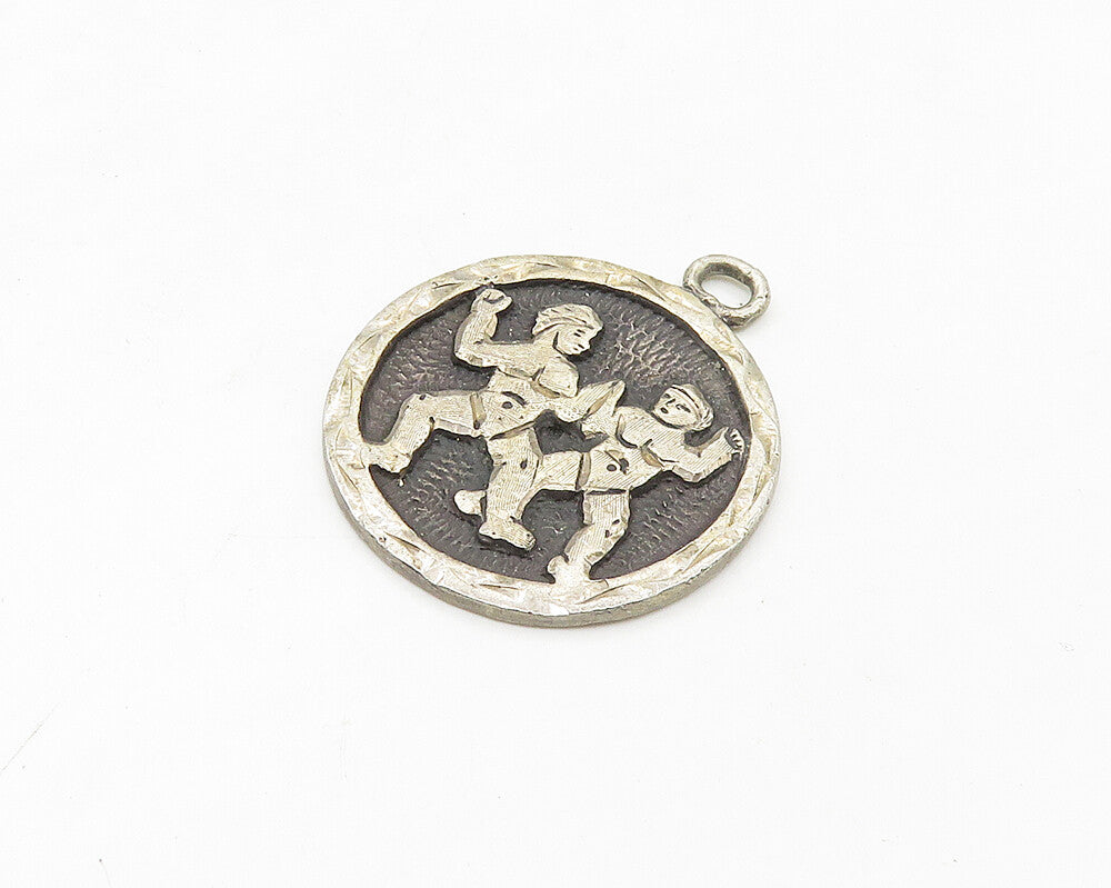 MEXICO 925 Silver  Vintage Dark Tone Chiseled Figures Round Pendant  PT14112