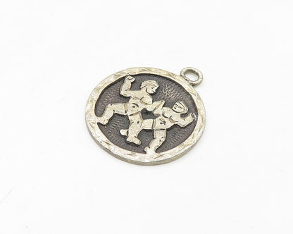 MEXICO 925 Silver  Vintage Dark Tone Chiseled Figures Round Pendant  PT14112