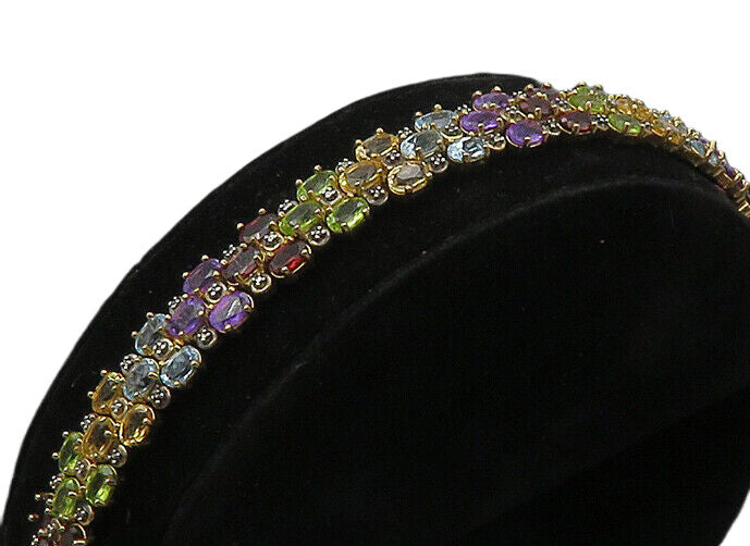 925 Sterling Silver Vintage Amethyst Citrine & Multi Stone Chain Bracelet BT8734