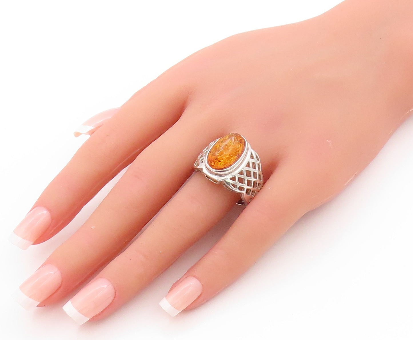 925 Sterling Silver Vintage Ring Net Design Cut Band Honey Amber  Sz 10  RG32698