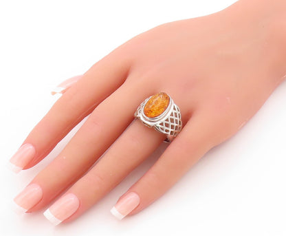 925 Sterling Silver Vintage Ring Net Design Cut Band Honey Amber  Sz 10  RG32698