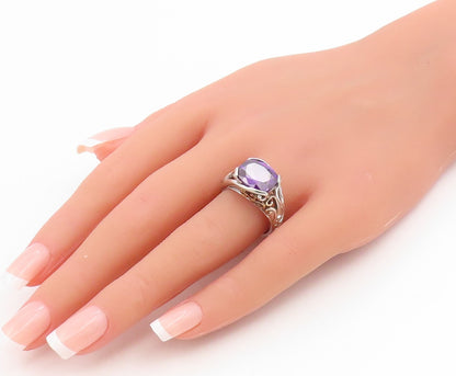 925 Sterling Silver Vintage Ring Faceted Amethyst Openwork Band  Sz 8  RG34884