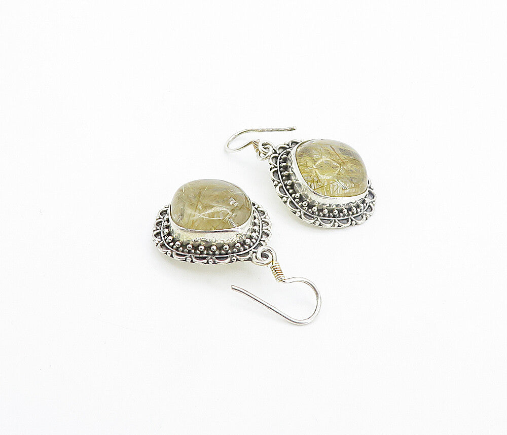 925 Sterling Silver Vintage Cabochon Rutilated Quartz Dangle Earrings EG3536