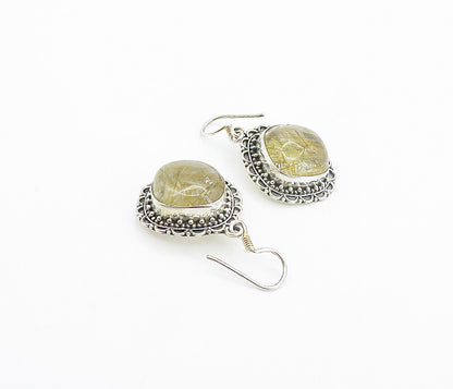 925 Sterling Silver Vintage Cabochon Rutilated Quartz Dangle Earrings EG3536
