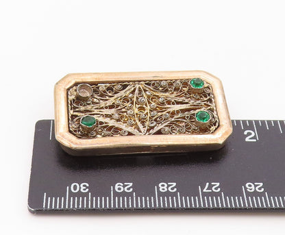 925 Sterling Silver Vintage Brooch Pin Gold Plated Emerald Scrollwork  BP12577