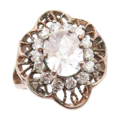 925 Sterling Silver Vintage Ring Elegant CZ Floral Cutout Band  Sz 9  RG35197