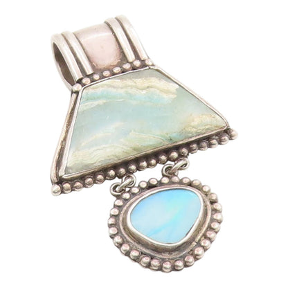 925 Sterling Silver Vintage Pendant Classic Blue Agate & Opal Drop  PT26117