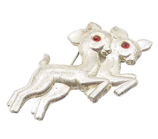 925 Sterling Silver  Vintage Red Topaz Prancing Baby Deer Brooch Pin  BP6719