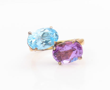 925 Sterling Silver Vintage Ring Gold Plated Amethyst & Blue Topaz Sz 10 RG34265