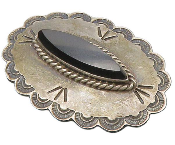 SOUTHWESTERN 925 Silver Vintage Black Onyx Etched Border Brooch Pin BP8737