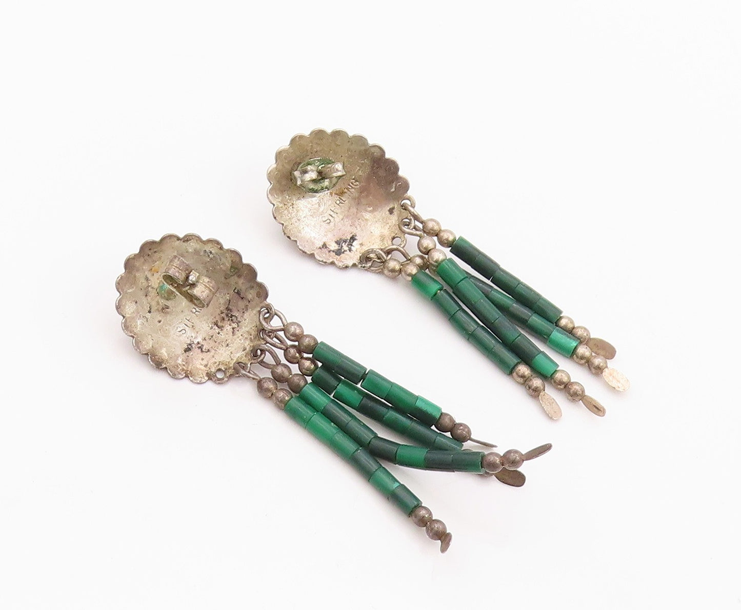925 Sterling Silver Vintage Earrings SOUTHWESTERN Oval Turquoise Dangles EG13486