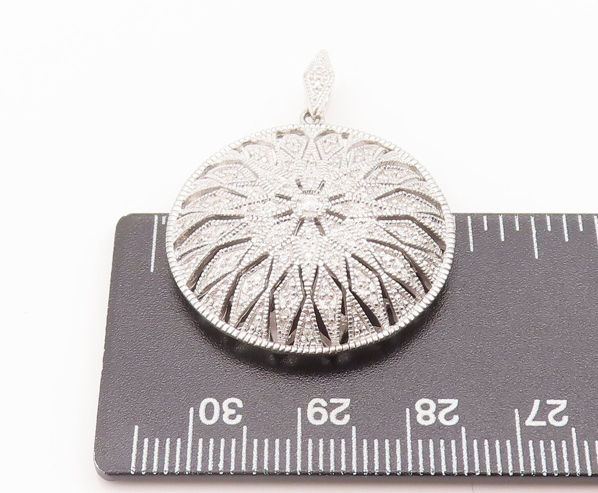 925 Sterling Silver Vintage Pendant Round Flower Genuine Diamonds  PT22680
