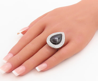 925 Sterling Silver Vintage Ring Drop Shape Cabochon Onyx Halo CZ  Sz 7  RG30553