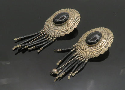 NAVAJO 925 Sterling Silver  Vintage Cabochon Black Onyx Drop Earrings  EG9867