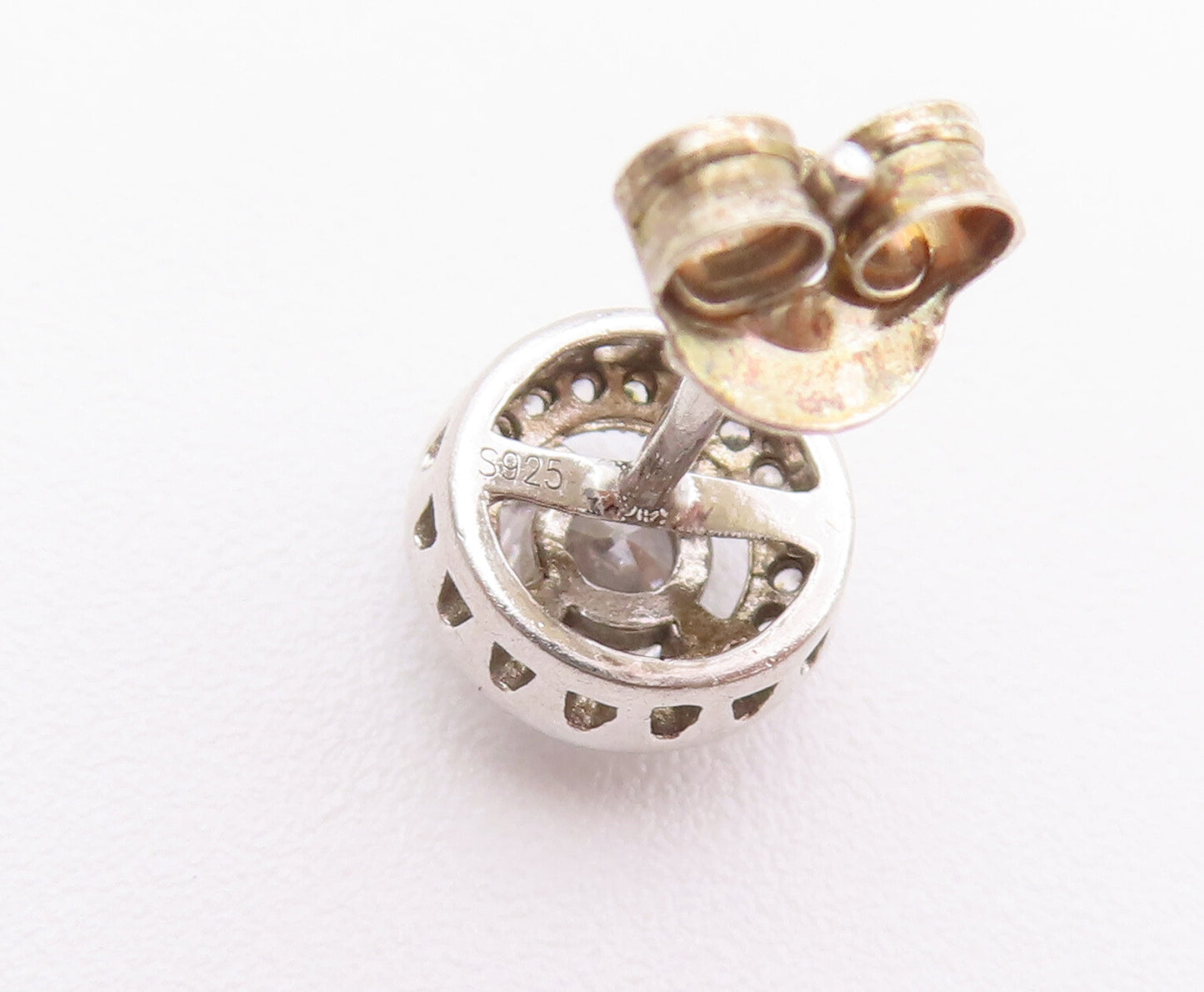 925 Sterling Silver Vintage Earrings Round Maine Stone Halo CZ Band Stud EG12899
