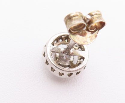 925 Sterling Silver Vintage Earrings Round Maine Stone Halo CZ Band Stud EG12899